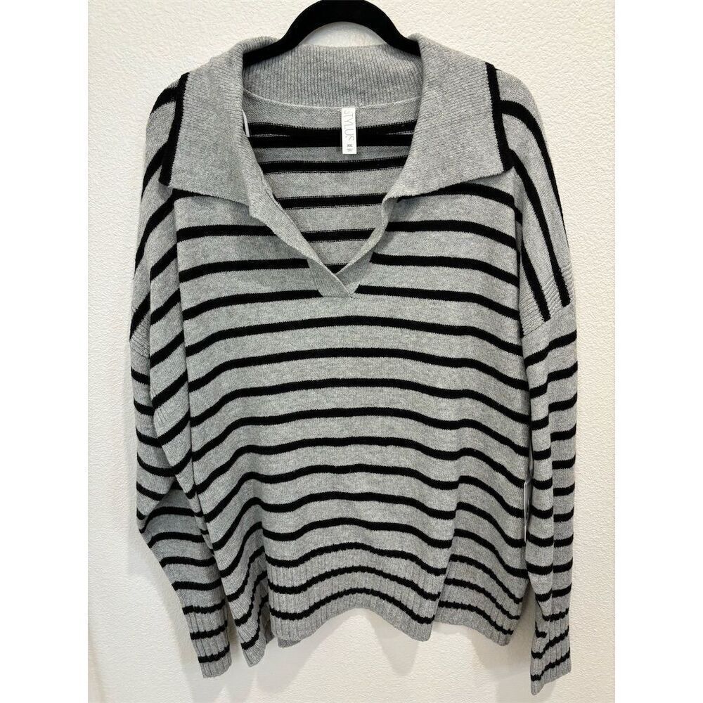 Stylus Women's 2XL Striped V-Neck Pullover Sweater Multicolor
